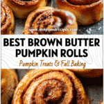Golden brown butter pumpkin cinnamon rolls on a baking tray for a cozy Fall Brunch Savory treat.